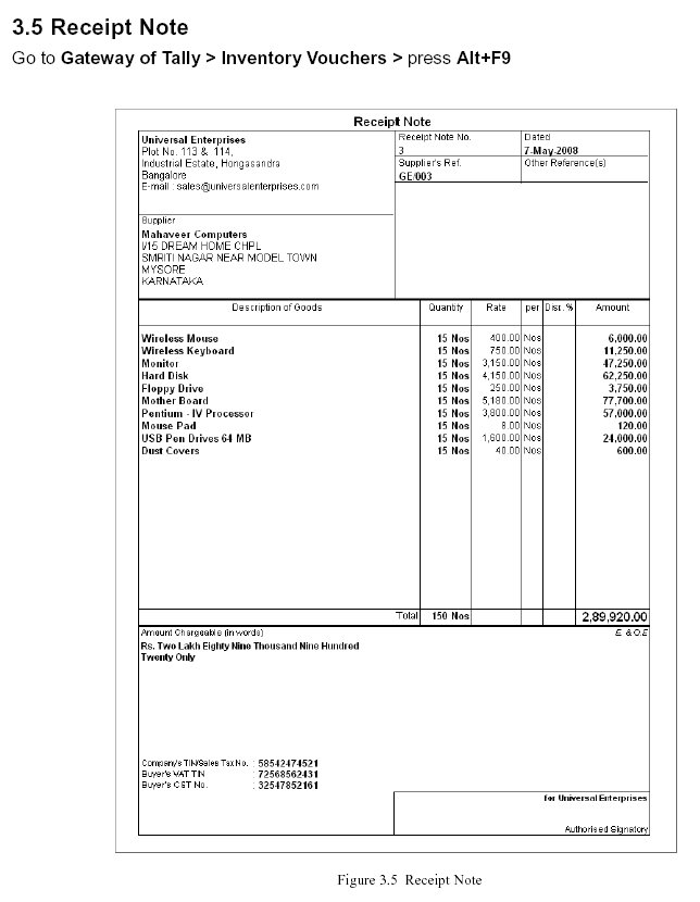Receipt Note Report @ Tally.ERP 9